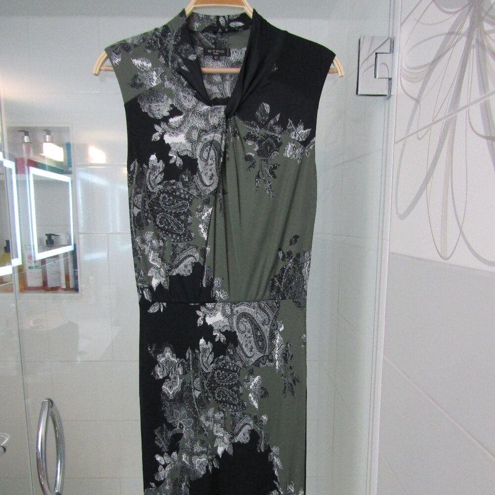 ETRO Made In Italy Black & Olive Abstract Print Dress--Size 42/6